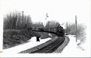 Postcard RPPC Real Photo Man Watching Freight Train Come Around Bend 1950s L16