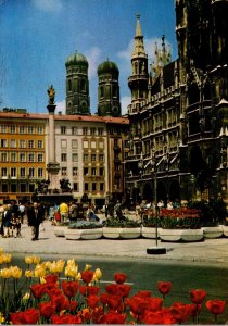 Germany Muenchen Marienplatz Mary Column Steeples Of Cathedral and New Town H...