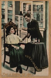 Vintage Postcard 1910's Lovers Couple In The Kitchen Table Medicines Romance 