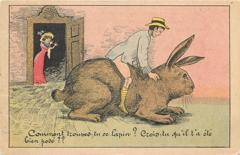 Exageration surrealism old comic postcard man ride huge rabbit fantaisie lapin 