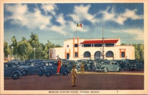Linen Postcard Automobiles Outside of Mexican Custom House in Tijuana, Mexico