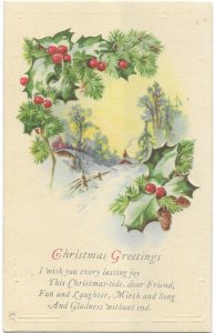 Christmas Greetings Snow Scene Holly Berries I Wish You Every Joy Friend