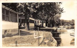 Clarksville Michigan~Morrison Lake~Cottages Along Shore~Boats on Water~'40s RPPC