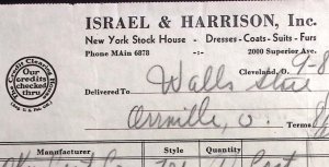 1937 ISRAEL & HARRISON DRESSES COATS SUITS FURS NEW YORK BILLHEAD INVOICE Z313