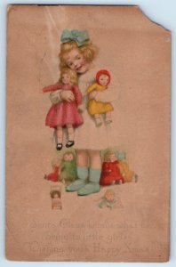 New Year Little Girl With Dolls Toys Tied Christmas Seal 1921 Gibson Postcard