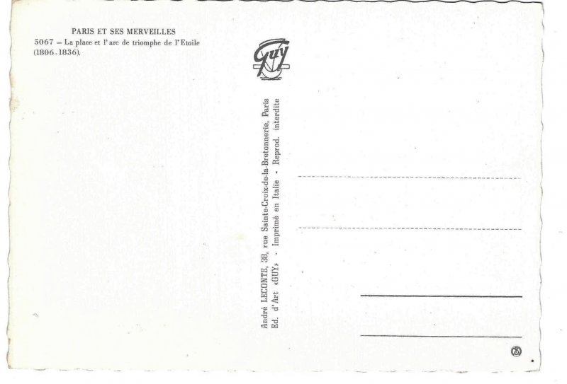 Paris France Place L'Arc de Triomphe de L'Etoile GUY 4X6 Postcard