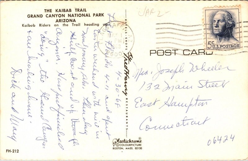 Kaibab Trail Grand Canyon National Park Arizona AZ Postcard PM Cancel WOB Note 