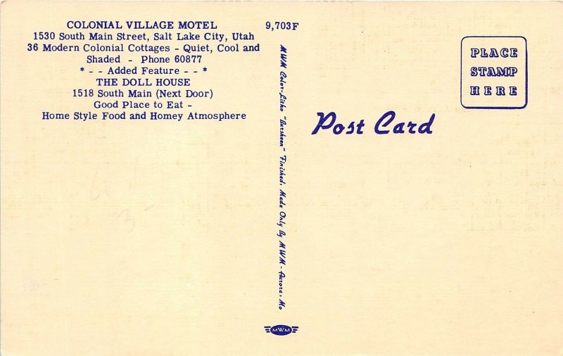 Salt Lake City Utah 1940s Postcard Colonial Village Motel 