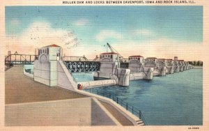 Vintage Postcard 1930's Roller Dam & Locks Bet. Davenport & Rock Island Illinois