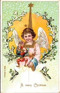 Christmas Postcard Angel Child Playing With Jester on a String Gold Star