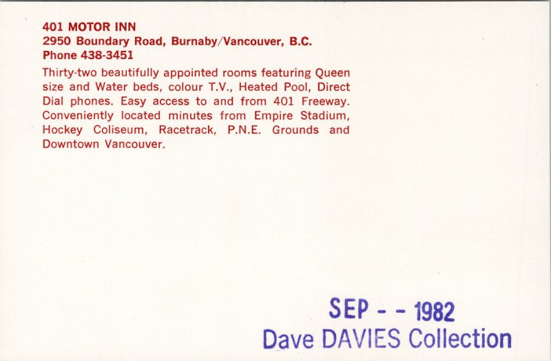 401 Motor Inn Burnaby Vancouver BC British Columbia Advertising Postcard F18