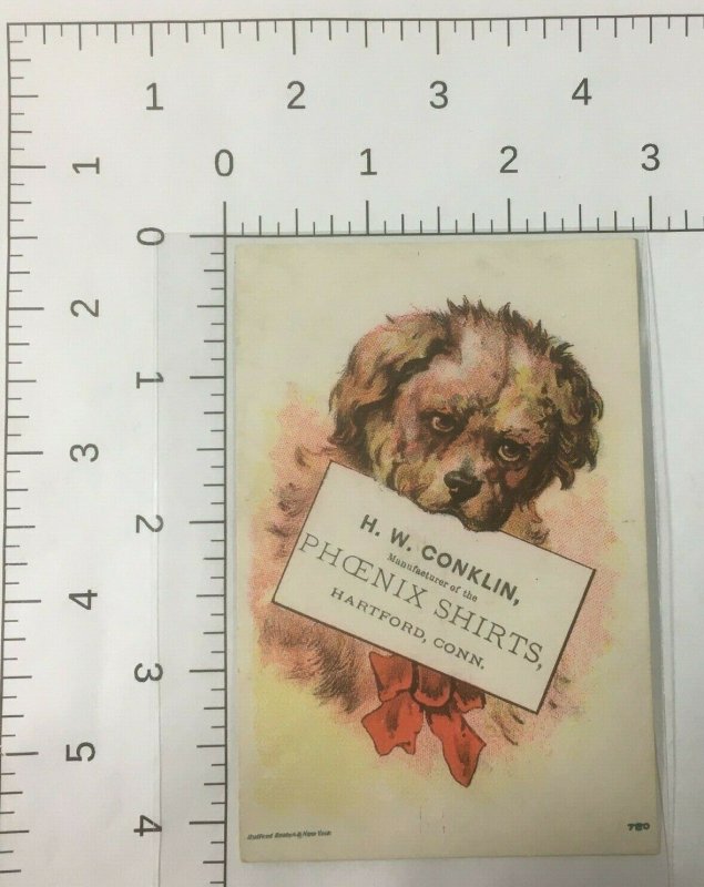 H W Conklin Phoenix Shirts Hartford CT Victorian Trade Card Cute Dog Red Bow Tie