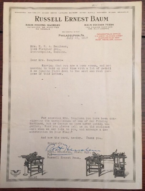 1927 RUSSELL ERNEST BAUM Baum Folding Machines PHILADELPHIA PA Letterhead Ephemera Other