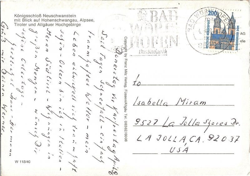 Winter View Neuschwanstein Castle Germany (Cinderella Castle) 1960s Postcard