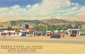 Colorado Springs Rodeo Court & Hotel Gas Station Old Cars Linen Postcard