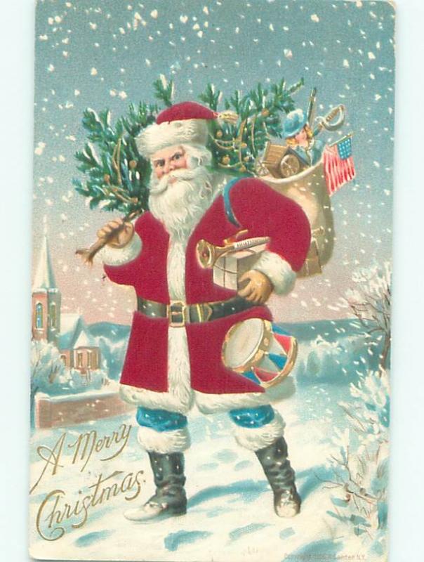 Pre-Linen Christmas SANTA CLAUS WEARS BLUE PANTS WITH PATRIOTIC USA FLAG AB4723