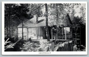 Rangeley Maine~Loon Lake~York Log Village~Showboat Cottage~1940s B&W Postcard
