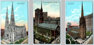 3 Postcards NEW YORK, NY ~ Trinity Church, St. Paul's Chapel, St. Patricks 1910s