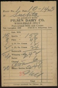 1925 CHICAGO IL PILSEN DAIRY CO. RIDGEWAY AVE WHOLESALE ONLY INVOICE 35-27