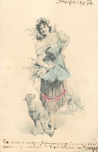 Easter Hungary greetings lovely drawn lady and lambs 1902 Debrecen