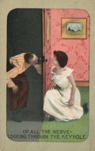 Vintage Postcard Of All The Nerve Looking Through The Keyhole Couple Lovers