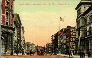 Vtg Postcard Albany New York NY Looking North On Broadway From Post Office