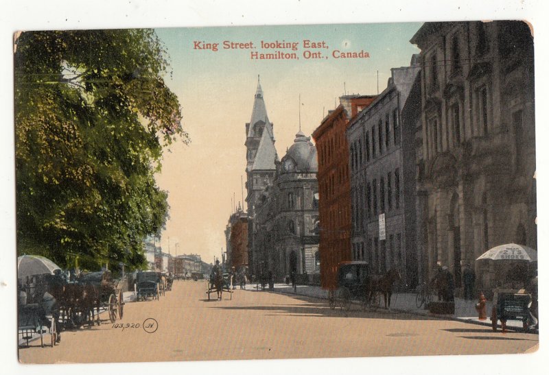 P3329 JLs 1913 postcard view king st. horses wagons hamilton ontario canada