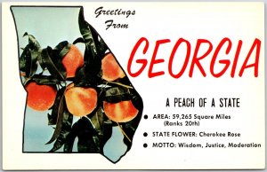 Georgia GA, Peach of a State, Wisdom, Justice, Moderation, Greetings, Postcard