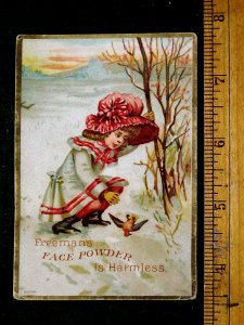 1880s Cute Girl Bonnet Dead Bird Freeman's Medicated Face Powder Trade Card F22