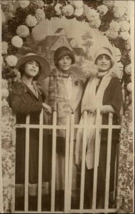 Young Women Studio Portrait Prop Arbor c1920 Real Photo Vintage Postcard