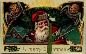 Christmas postcard c1910 Red-suit & cap Santa Claus 2 angels JA7