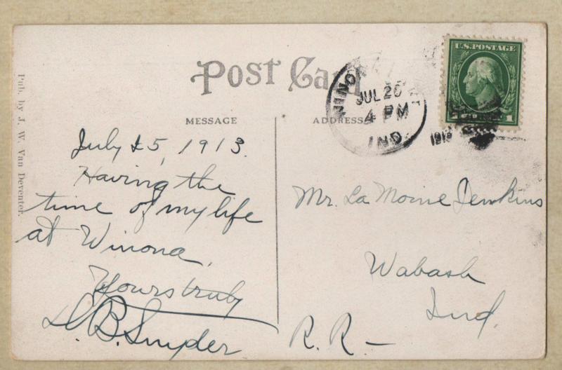 Winona Lake, Indiana~Kosciusko Lodge~Lake View~1913 Postcard