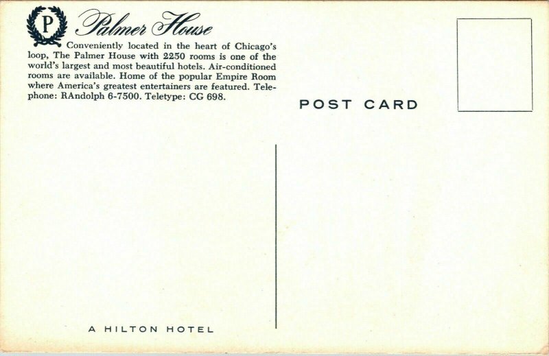 Palmer House Chicago IL Illinois Hilton Hotel VTG Postcard WB UNP Unused 