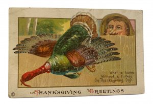 Vtg Stecher Litho Thanksgiving Greetings Man Watching Turkey Postcard Series 72D