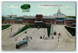 c1910's Union Station Trolley Providence Rhode Island RI Advertising Postcard