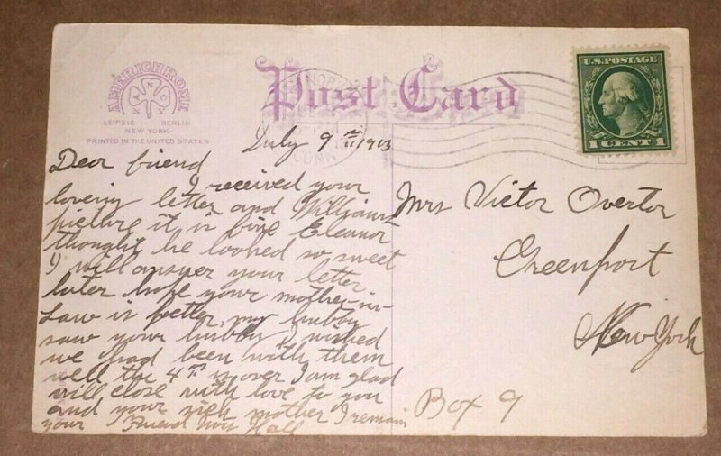 VINTAGE USED POSTCARD 1913 HIGH SCHOOL NORWALK CONN.  PENNY .PC