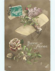 tinted rppc c1910 AIRPLANE WITH FLOWERS AC9009