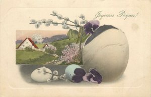 Postcard holidays easter painting greetings flowers egg multi view rural house