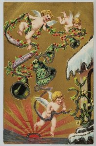 Christmas Greetings Beautiful Glitter Decorated Cherubs Embossed Postcard S9