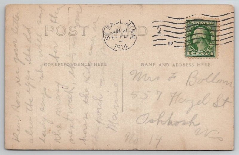St Paul MN Family Home Three Children On Porch 1914 To Oshkosh WI Postcard A38