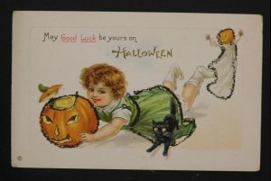 1910s Halloween Postcard Little Girl, jack-o'-lantern, black cat, ghost, glitter