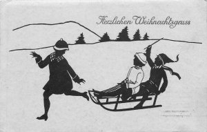 Postcard 1921 Silhouette Winter New Year Children Sled TP24-539