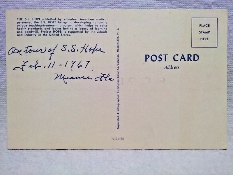 S.S. HOPE Ship PROJECT HOPE volunteer medical staff postcard written 1967  Postc