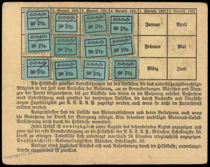 3rd Reich Germany 1933 Membership Revenue Card NSDAP Hilfskasse 77195