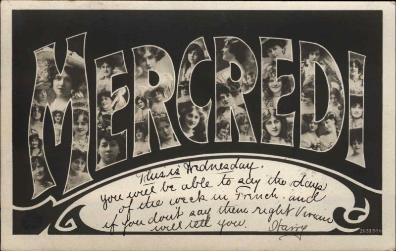 Mercredi Wednesday French Day of Week Large Letter Beautiful Women RPPC