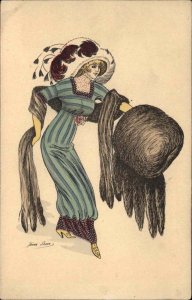 Xavier Sager Beautiful Woman Fur Muff Art Deco Glamour Vintage Postcard