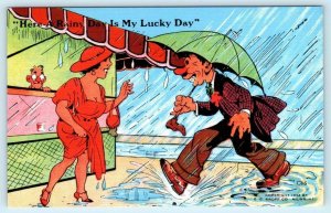 RAY WALTERS Comic ~ Rainy Day Is My Lucky Day 1940s Kropp  Postcard