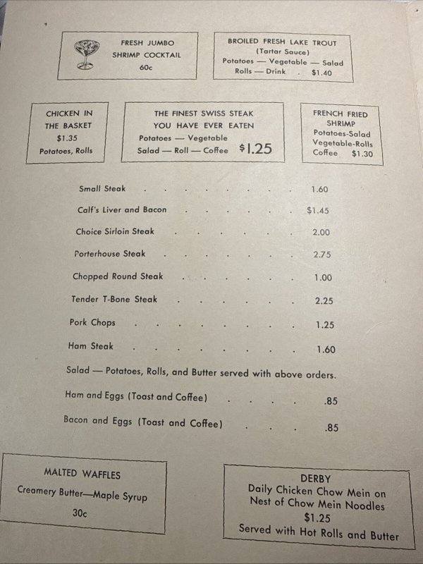 Vintage 50s THE DERBY INN Restaurant Menu Kalamazoo Michigan