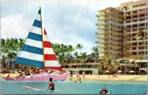 Postcard Hawaii Hilton Hawaiian Village Hotel beach view with Catamaran