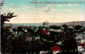 Postcard ON Owen Sound Bird's Eye View from West Hill Grain Elevators 1912 K75